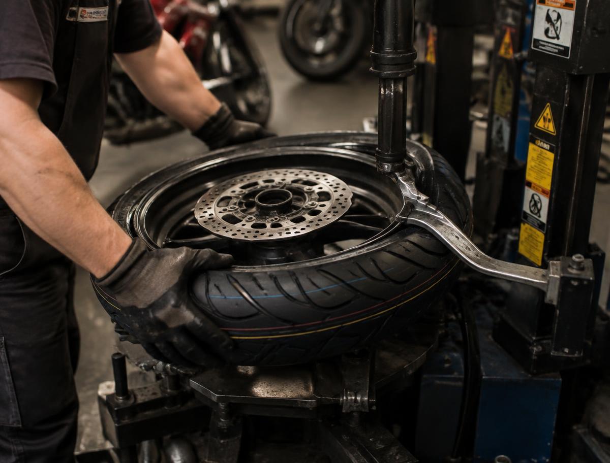 GLM Power Sports technician installing a motorcycle tire